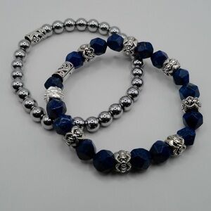 Blue Lapus Lazuli & Silvery Hematite Gemstone Bracelets Set